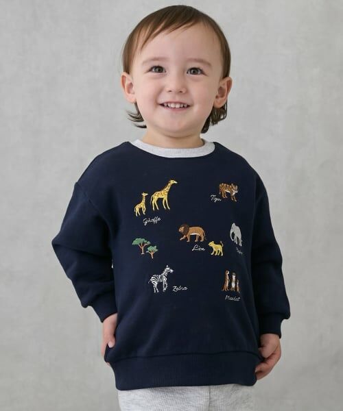 petit main / プティマイン スウェット | 動物刺しゅうトレーナー（紺）