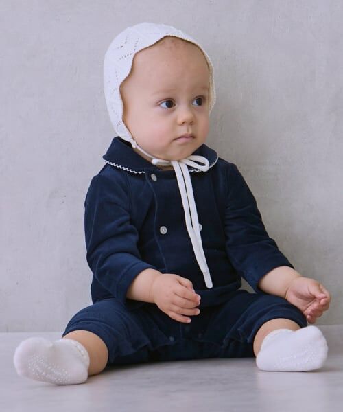 petit main / プティマイン ロンパース | ダブルボタン衿つきカバーオール（紺）