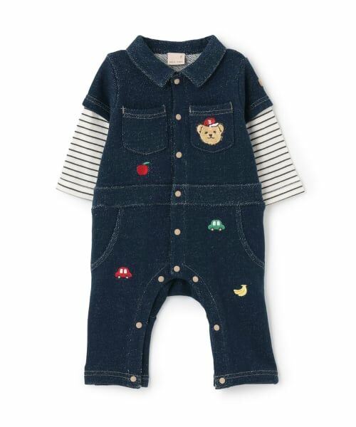 petit main / プティマイン ロンパース | 総刺しゅう衿つきカバーオール（紺）