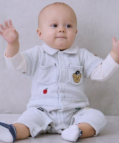 petit main / プティマイン ロンパース | 総刺しゅう衿つきカバーオール（シロ杢）