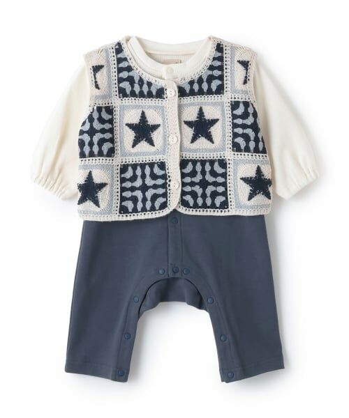 petit main / プティマイン ロンパース | クロシェベストつきカバーオール(ブルー)