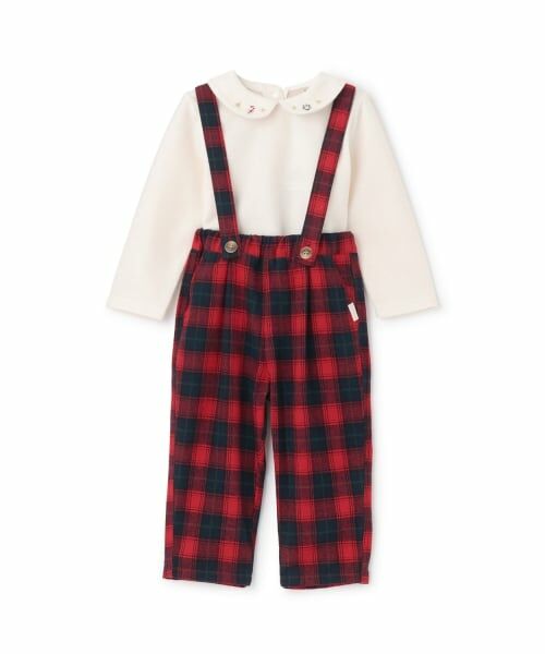 petit main / プティマイン その他パンツ | 衿つき長T+サスつきパンツセット(赤)