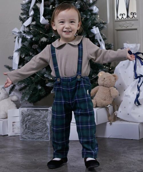 petit main / プティマイン その他パンツ | 衿つき長T+サスつきパンツセット(グリーン)