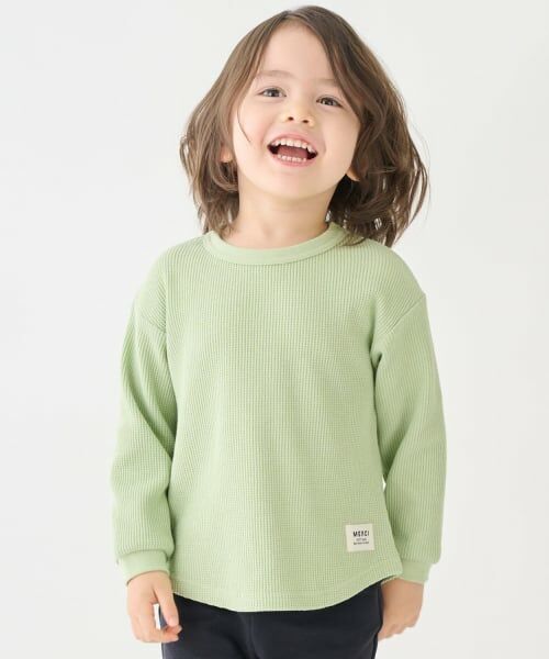 petit main / プティマイン Tシャツ | 【プティプラ】ワッフル長袖T（イエロー グリーン）