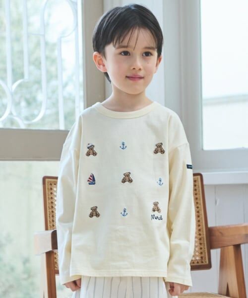 petit main / プティマイン Tシャツ | 【リンク】くま刺しゅうマリン長袖Tシャツ（クリーム）