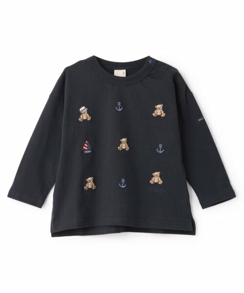 petit main / プティマイン Tシャツ | 【リンク】くま刺しゅうマリン長袖Tシャツ（紺）