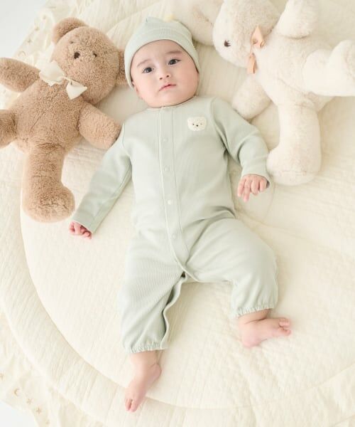 petit main / プティマイン ロンパース | 帽子つき2wayオール（ライト グリーン）