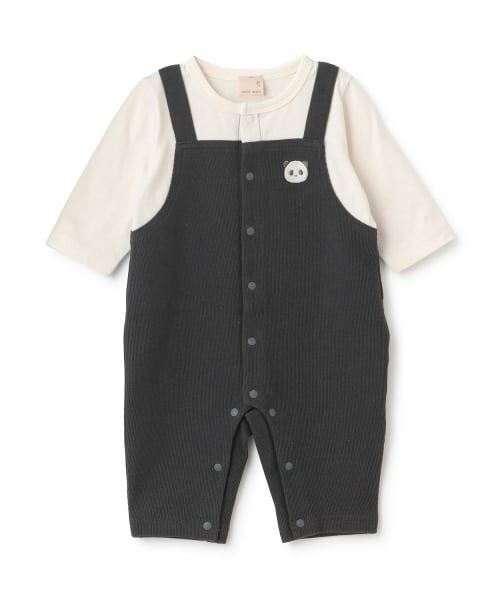 petit main / プティマイン ロンパース | アニマル刺しゅうサロペ風カバーオール（チャコール）