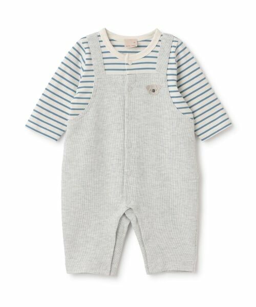 petit main / プティマイン ロンパース | アニマル刺しゅうサロペ風カバーオール（トップ グレー）