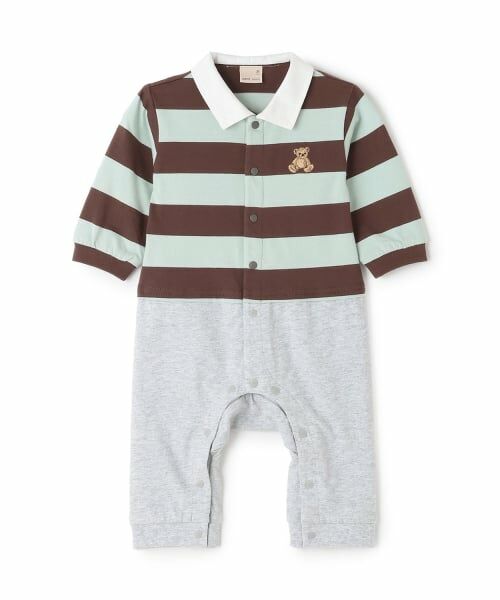 petit main / プティマイン ロンパース | 【リンク】ボーダーラガー長袖カバーオール（茶）