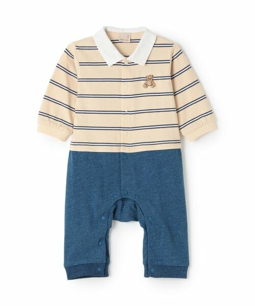 petit main / プティマイン ロンパース | 【リンク】ボーダーラガー長袖カバーオール（クリーム）