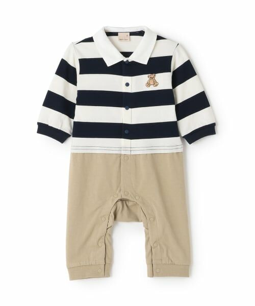 petit main / プティマイン ロンパース | 【リンク】ボーダーラガー長袖カバーオール（紺）