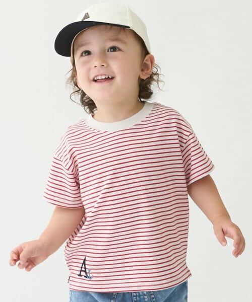 petit main / プティマイン Tシャツ | 【防汚】カラーボーダー半袖Tシャツ（赤）