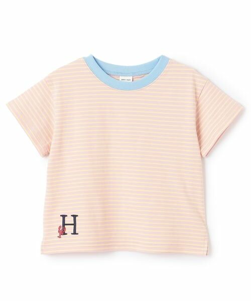 petit main / プティマイン Tシャツ | 【防汚】カラーボーダー半袖Tシャツ（ライト ピンク）