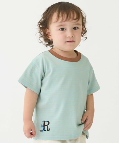 petit main / プティマイン Tシャツ | 【防汚】カラーボーダー半袖Tシャツ（エメラルド グリーン）