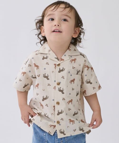 petit main / プティマイン シャツ・ブラウス | 【リンク】アソート柄開衿半袖シャツ（薄ベージュ）