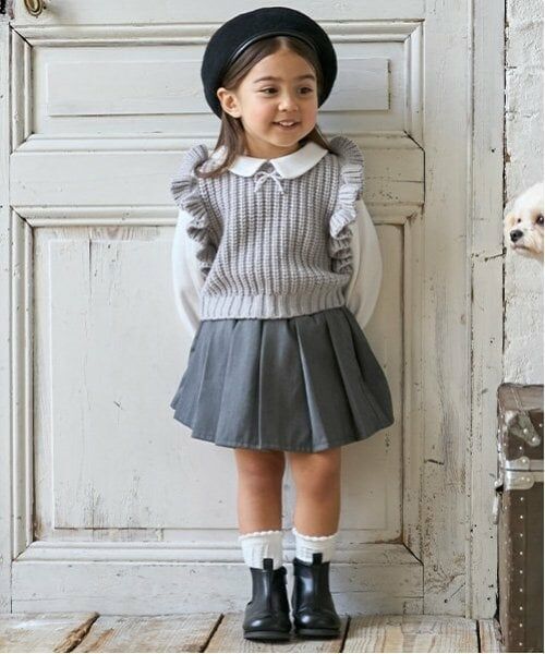 petit main / プティマイン ショート・ハーフ・半端丈パンツ | 【リンク】ダブルウエストプリーツスカパン(キッズ)（グレー）