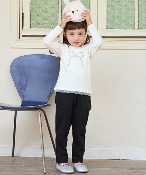 petit main / プティマイン その他パンツ | 【スマイル/リンク】リボン刺しゅうロングパンツ(キッズサイズ)（黒）