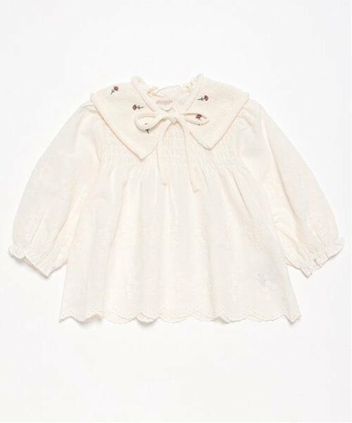 petit main / プティマイン シャツ・ブラウス | 【リンク】ニット衿シャーリングブラウス(キッズ)（生成）