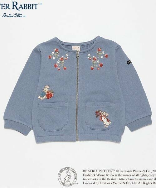 petit main / プティマイン カーディガン・ボレロ | 【ピーターラビット】苺刺繍ZIPカーデ（ブルー）