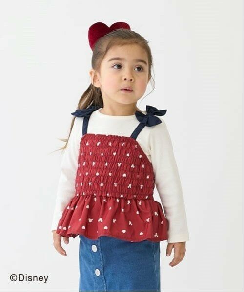 petit main / プティマイン Tシャツ | 【Disney】柄ビスチェドッキング長T（赤）