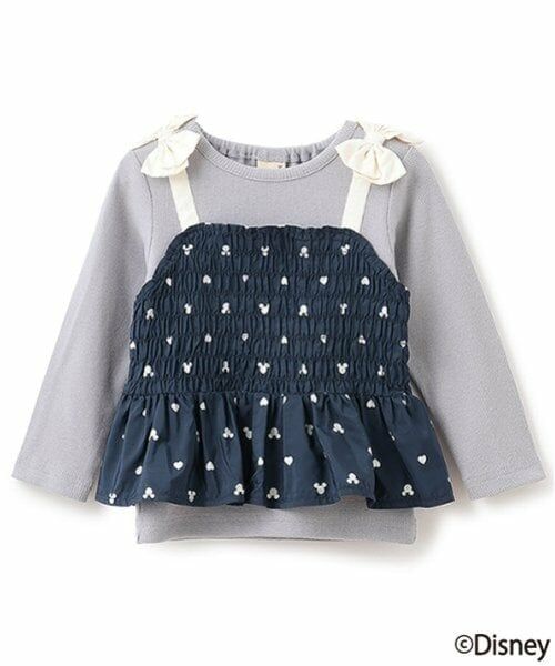 petit main / プティマイン Tシャツ | 【Disney】柄ビスチェドッキング長T（紺）