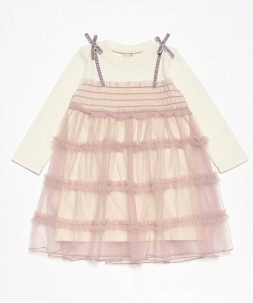 petit main / プティマイン ミニ丈・ひざ丈ワンピース | チュールドッキングワンピース（ライト ピンク）