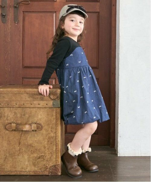 petit main / プティマイン ミニ丈・ひざ丈ワンピース | 【リンク】リボン刺しゅうワンピース(キッズ)（紺）