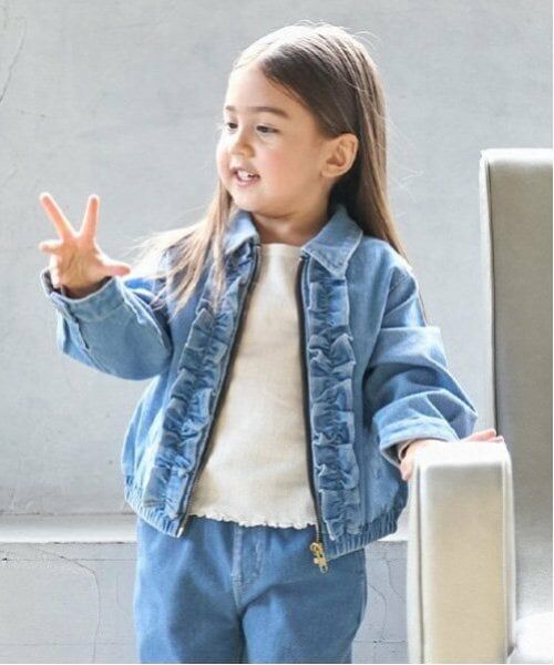 petit main / プティマイン ブルゾン | 【リンク】デニムフリルジャケット(キッズ)（サックス）