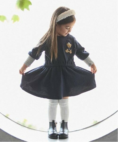 petit main / プティマイン ミニ丈・ひざ丈ワンピース | 【リンク】くまサガラカットワンピース(キッズ)（紺）