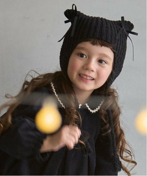 petit main / プティマイン ニットキャップ | 猫耳リボンニットキャップ（黒）