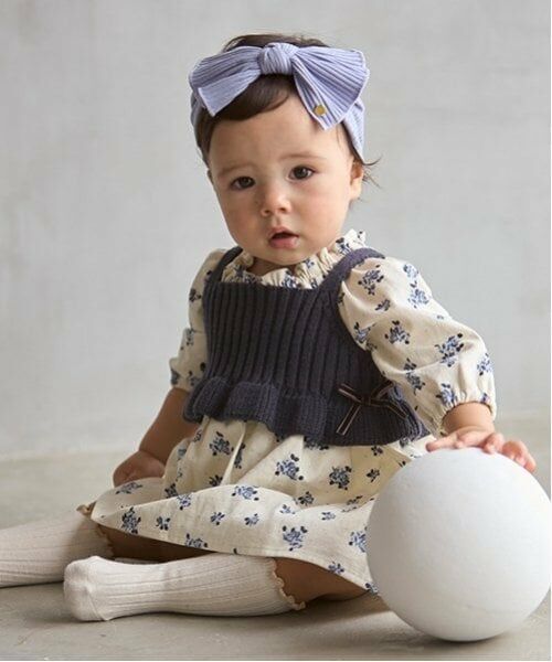petit main / プティマイン ロンパース | 【リンク】花柄ワンピースビスチェセット(ベビー)（生成）