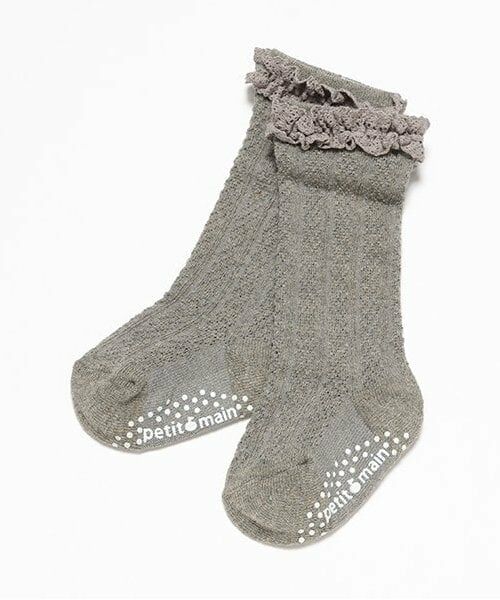petit main / プティマイン ベビー・キッズウエア | フロート綿レースハイソックス（トップ グレー）