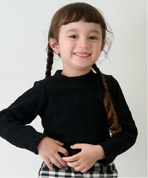 petit main / プティマイン Tシャツ | 【シアバター】ジャガードハイネック長T(黒)