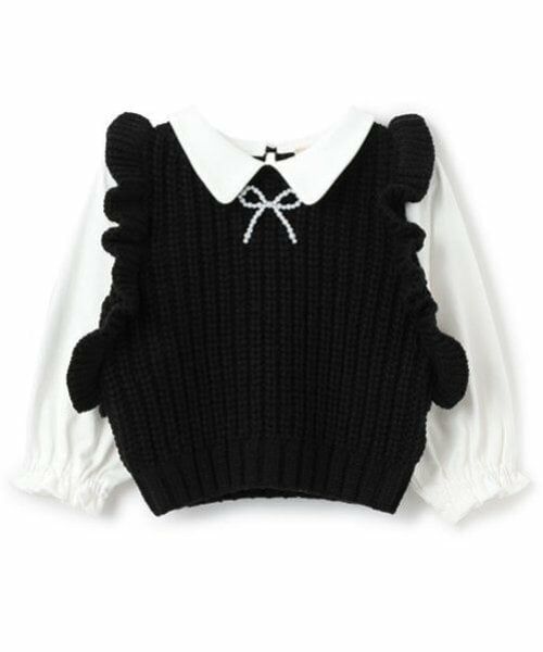petit main / プティマイン ニット・セーター | 【リンク】パールリボン付ニットベスト(キッズ)（黒）