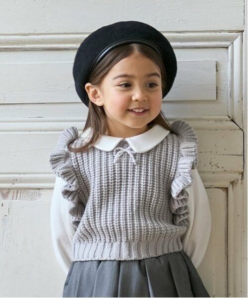 petit main / プティマイン ニット・セーター | 【リンク】パールリボン付ニットベスト(キッズ)（ライト グレー）