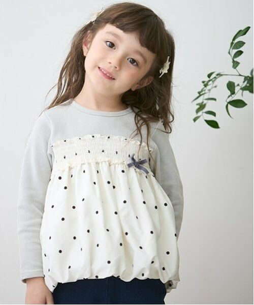 petit main / プティマイン Tシャツ | ドットバルーンドッキング長T（アイボリー）