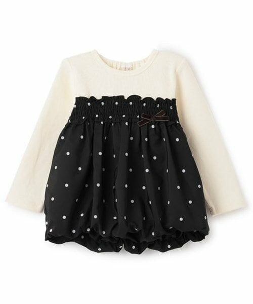 petit main / プティマイン Tシャツ | ドットバルーンドッキング長T（黒）