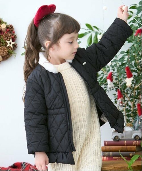 petit main / プティマイン ブルゾン | 【リンク】ファー衿キルト中綿ジャケット(キッズ)（黒）