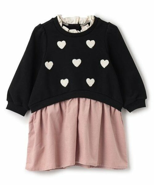 petit main / プティマイン ミニ丈・ひざ丈ワンピース | ハート刺しゅう切り替えワンピース（黒）