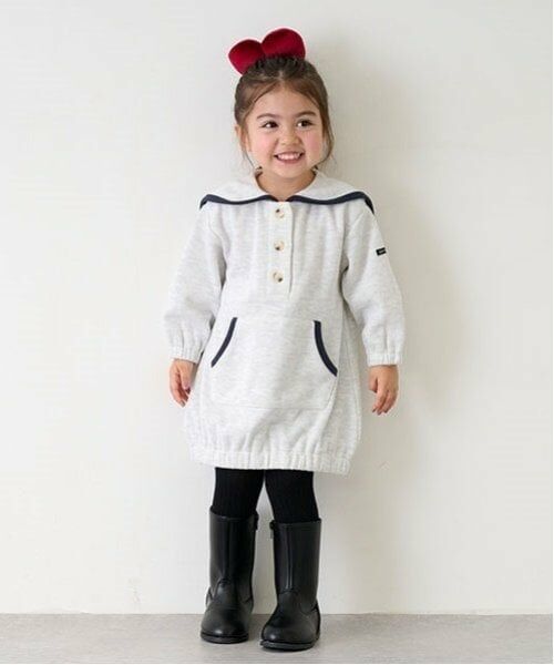 petit main / プティマイン ミニ丈・ひざ丈ワンピース | 【リンク】セーラー襟ワンピース(キッズ)（シロ杢）