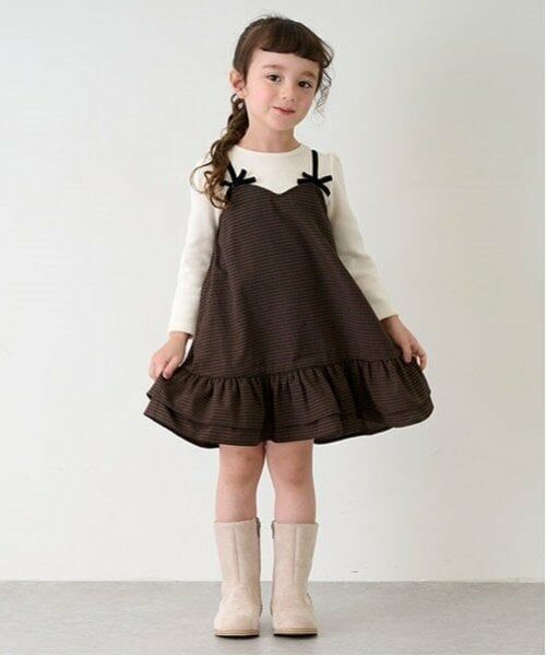 petit main / プティマイン ミニ丈・ひざ丈ワンピース | 【リンク】ギンガムドッキングワンピース(キッズ)（茶）