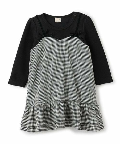 petit main / プティマイン ミニ丈・ひざ丈ワンピース | 【リンク】ギンガムドッキングワンピース(キッズ)（黒）