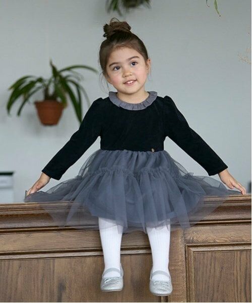 petit main / プティマイン ミニ丈・ひざ丈ワンピース | 【リンク】ベロアチュールワンピース(キッズ)（紺）