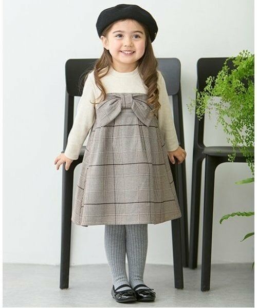 petit main / プティマイン ミニ丈・ひざ丈ワンピース | 【リンク】チェックリボンワンピース(キッズ)（茶）