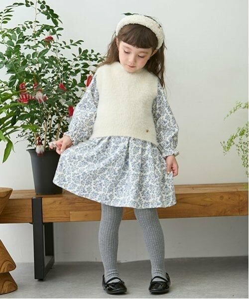 petit main / プティマイン ミニ丈・ひざ丈ワンピース | 【リンク】ベストつき柄ワンピース(キッズ)（アイボリー）