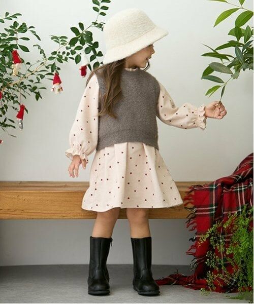 petit main / プティマイン ミニ丈・ひざ丈ワンピース | 【リンク】ベストつき柄ワンピース(キッズ)（赤）