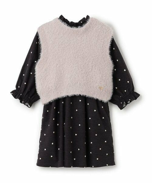 petit main / プティマイン ミニ丈・ひざ丈ワンピース | 【リンク】ベストつき柄ワンピース(キッズ)（チャコール）