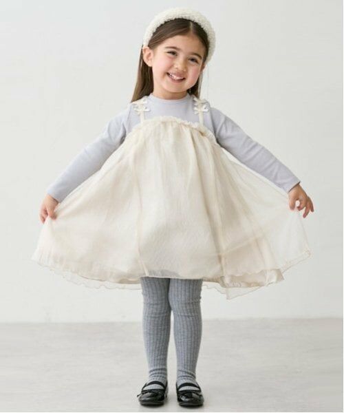 petit main / プティマイン ミニ丈・ひざ丈ワンピース | オーガンジードッキングワンピース（ライト グレー）