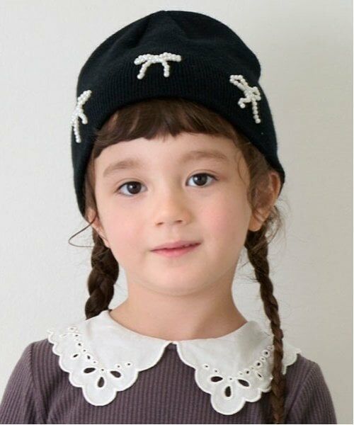 petit main / プティマイン ニットキャップ | パールリボンつきニットキャップ（黒）